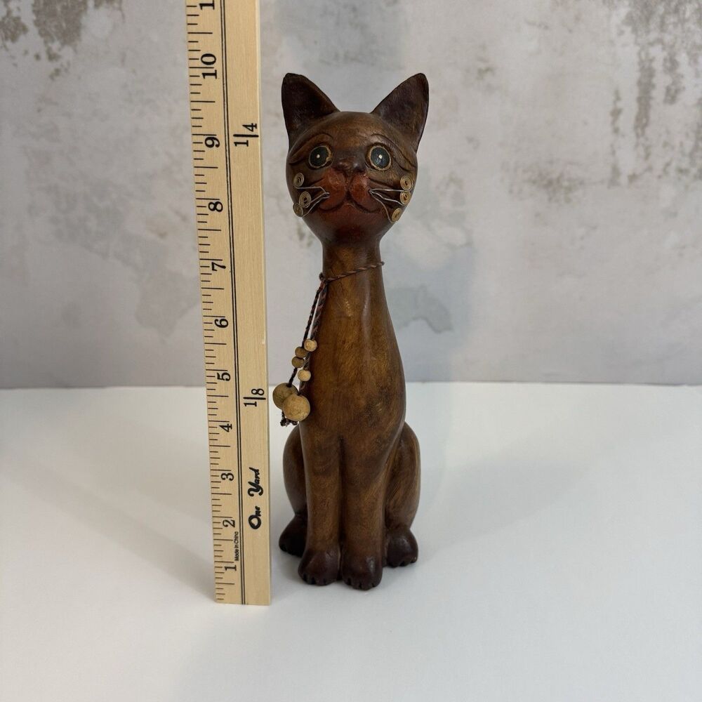 Hand Carved Wooden Cat Figurine Wire Whiskers Folk Art Balinese Decor 10"